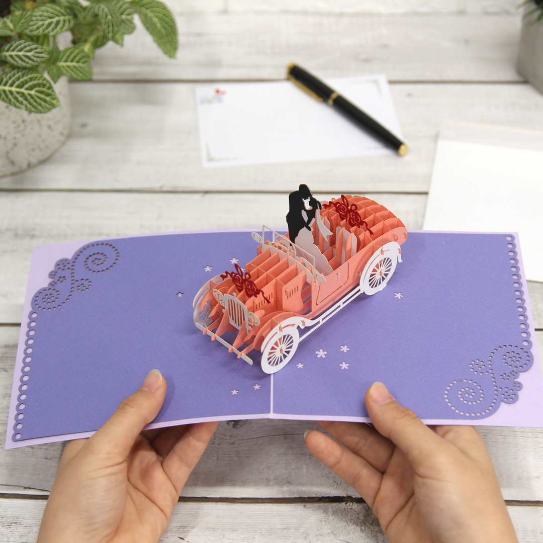 Bride and Groom in Wedding Car Pop Up Card