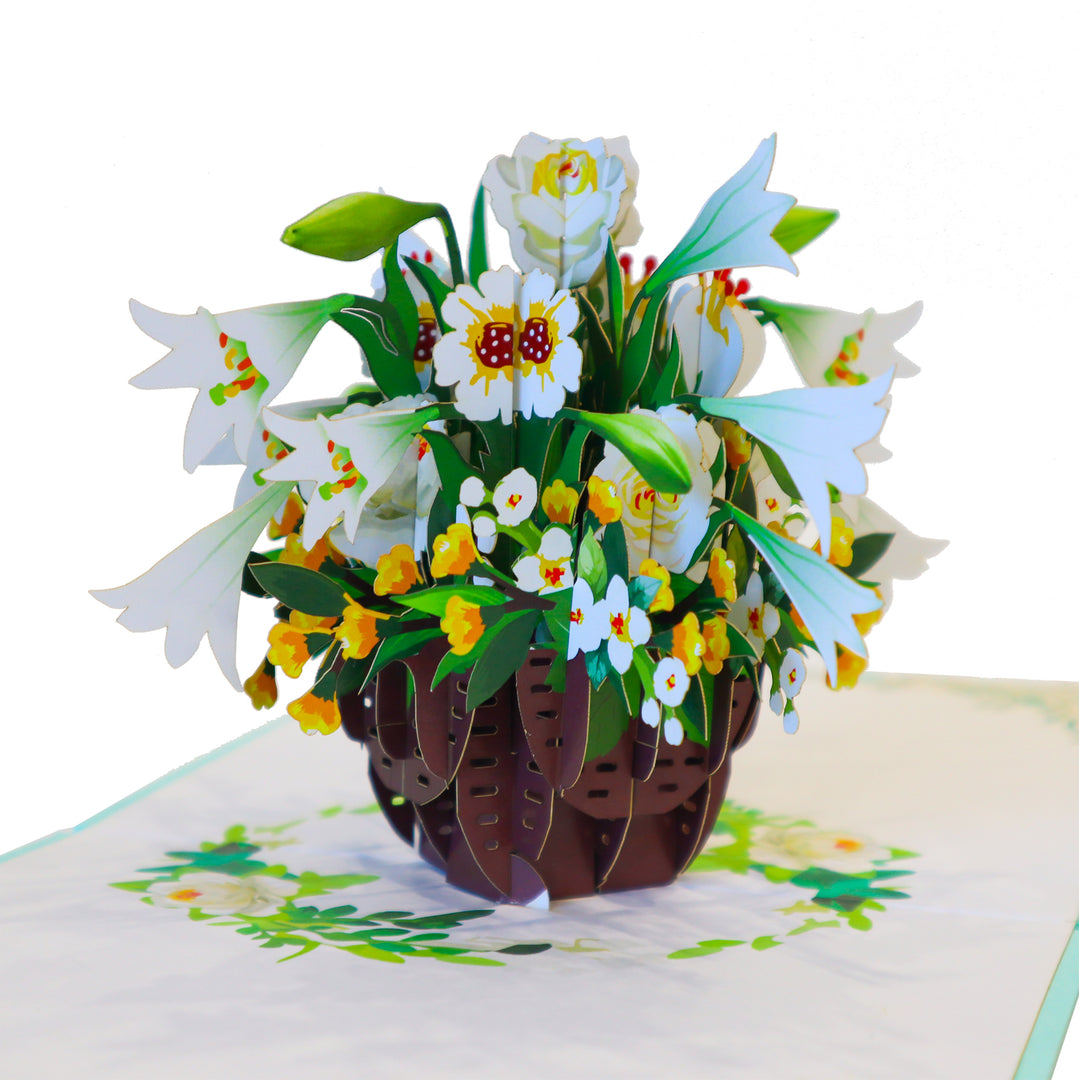 White Lily Basket Sympathy Pop Up Card