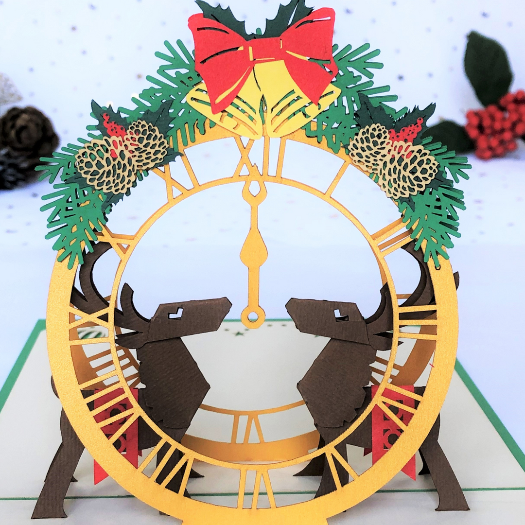 Reindeers & Clock Christmas Pop Up Card