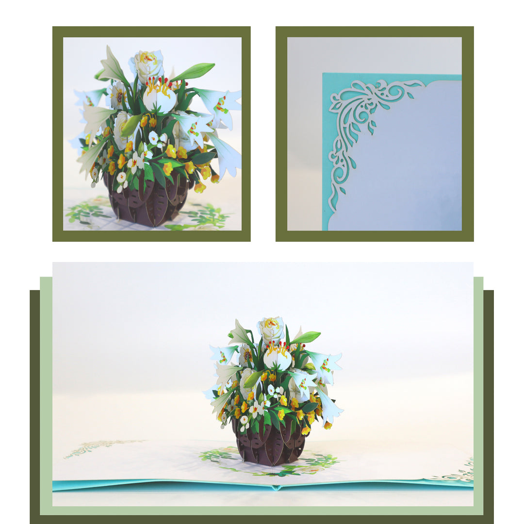 White Lily Basket Sympathy Pop Up Card