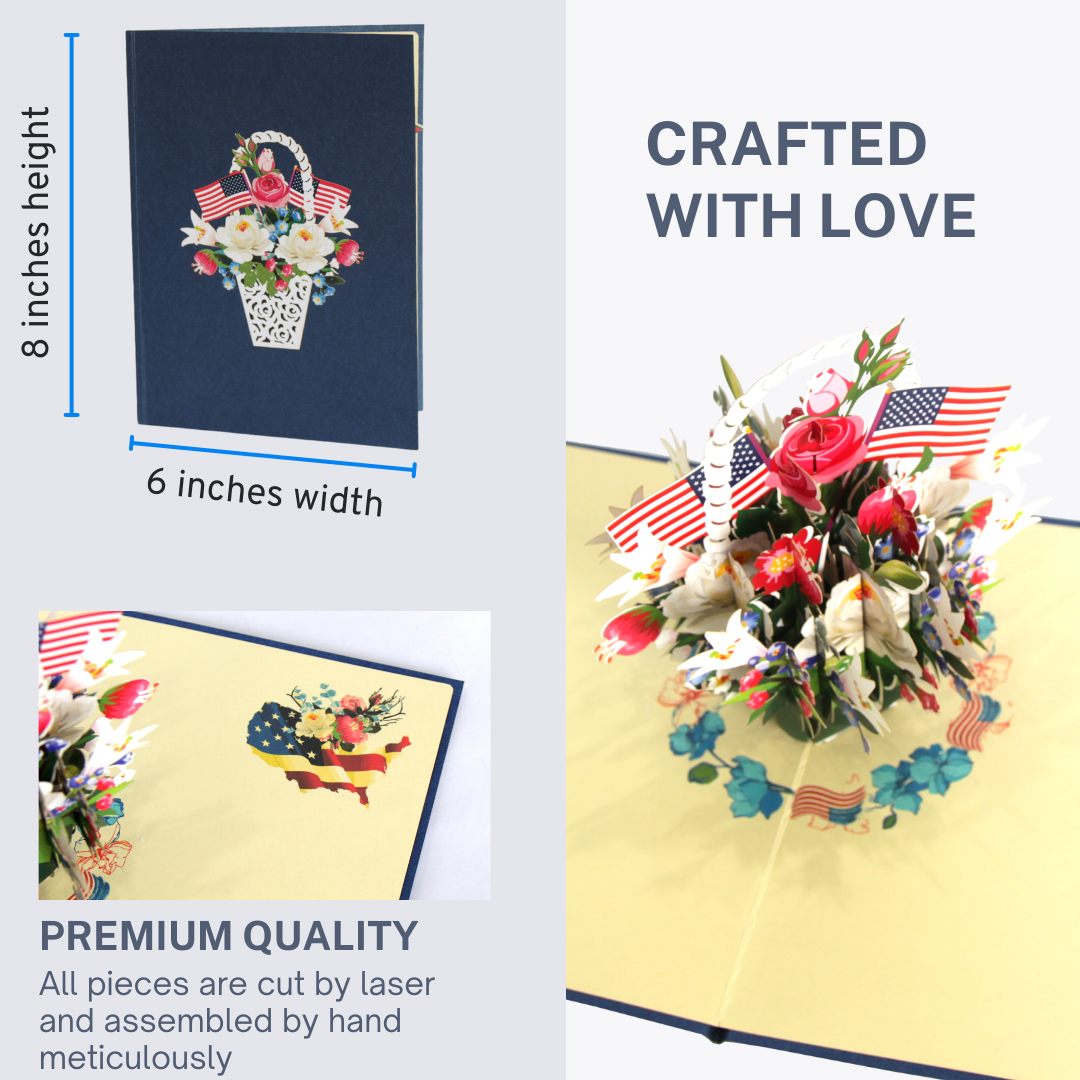 Flower Basket with America Flag Pop Up Card
