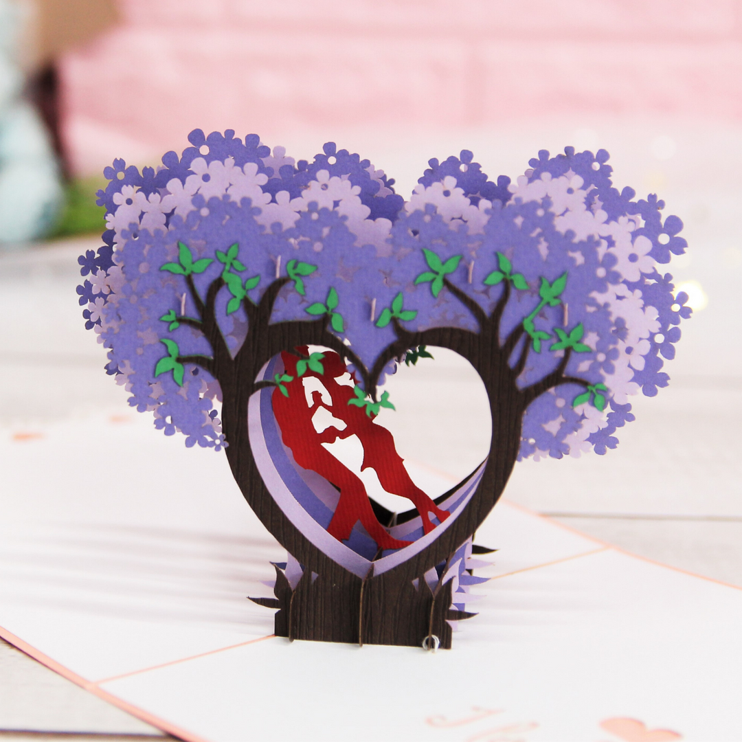 Kissing Couple on Purple Heart Wisteria Pop Up Card