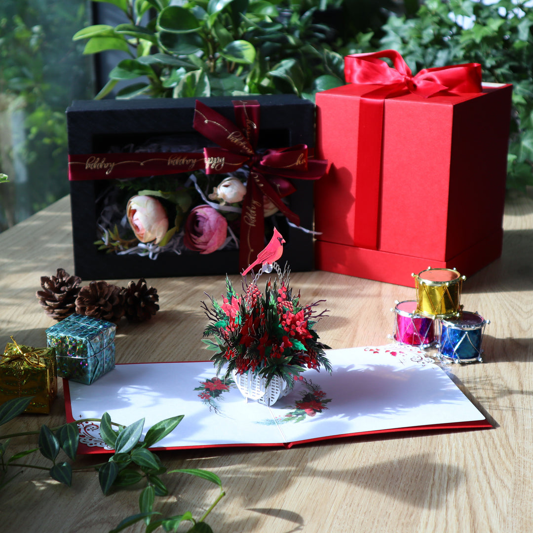 Red Cardinal and Poinsettia Pop Up Card