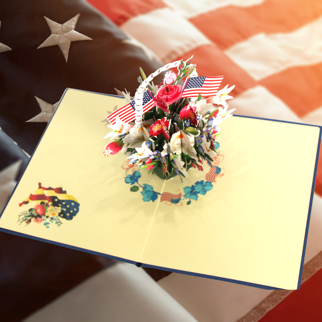 Flower Basket with America Flag Pop Up Card