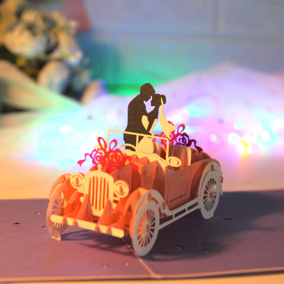 Bride and Groom in Wedding Car Pop Up Card