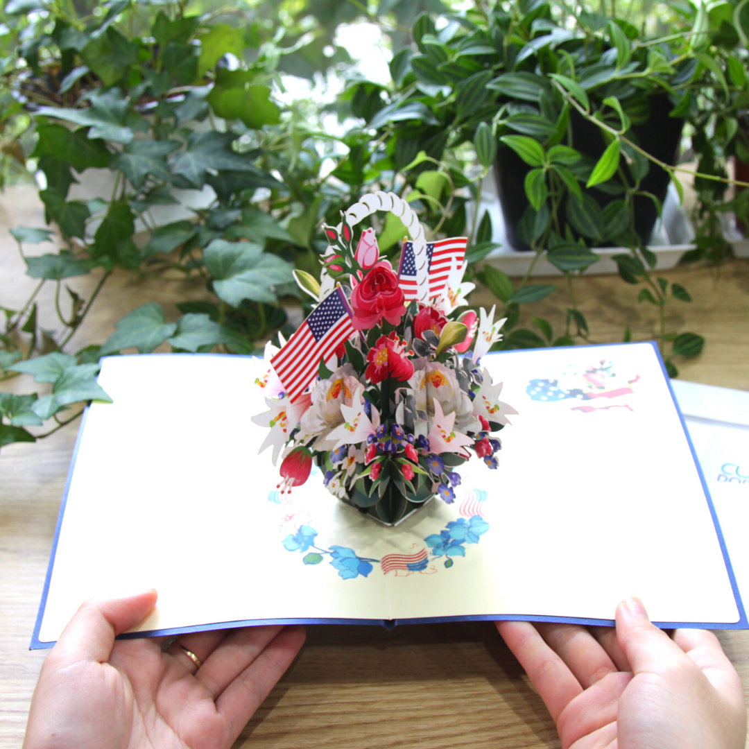 Flower Basket with America Flag Pop Up Card