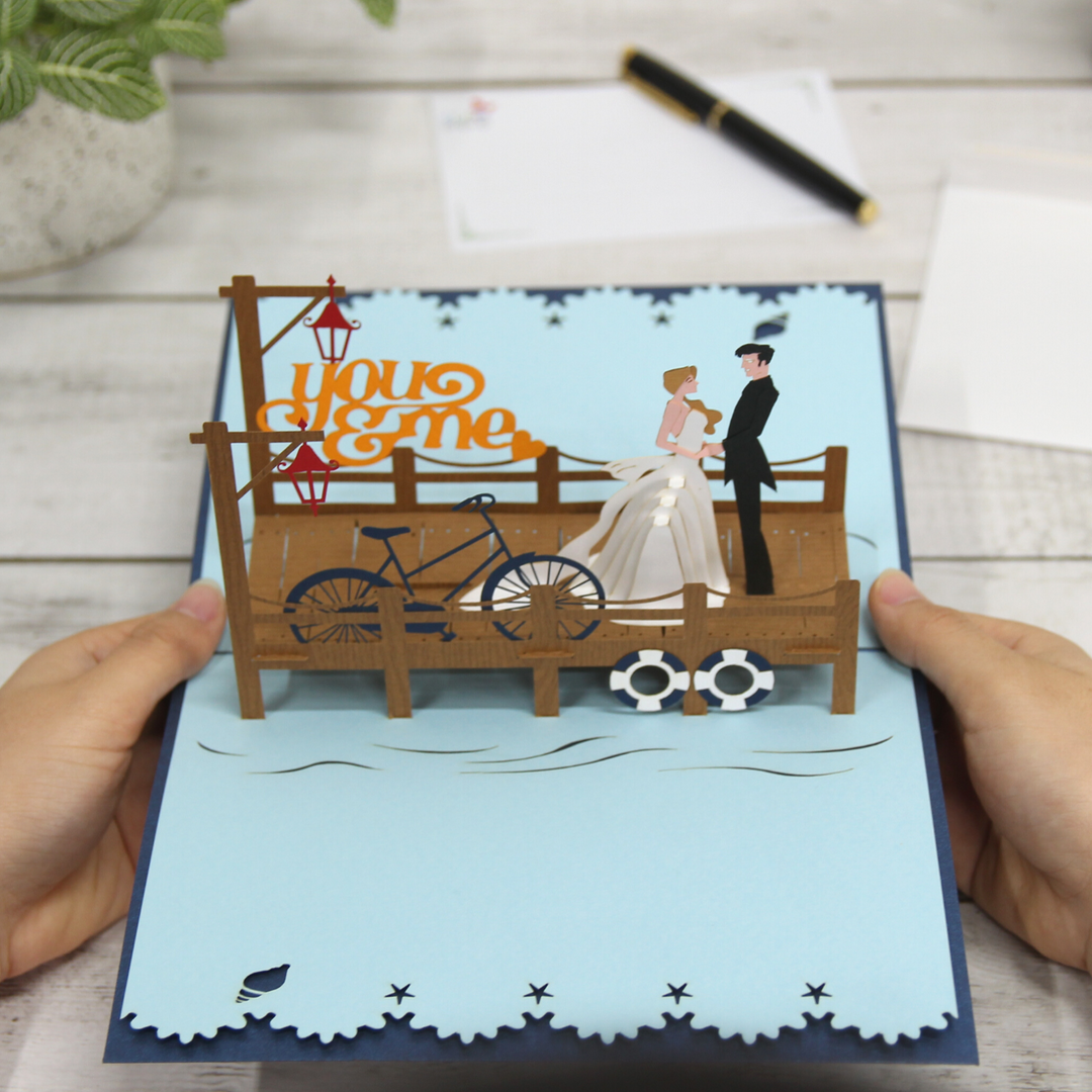 Romantic Bride & Groom on the Quay Pop Up Card