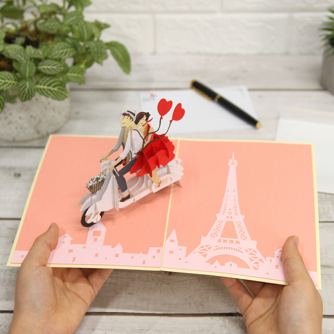 Romantic Couple on Vespa Pop Up Card