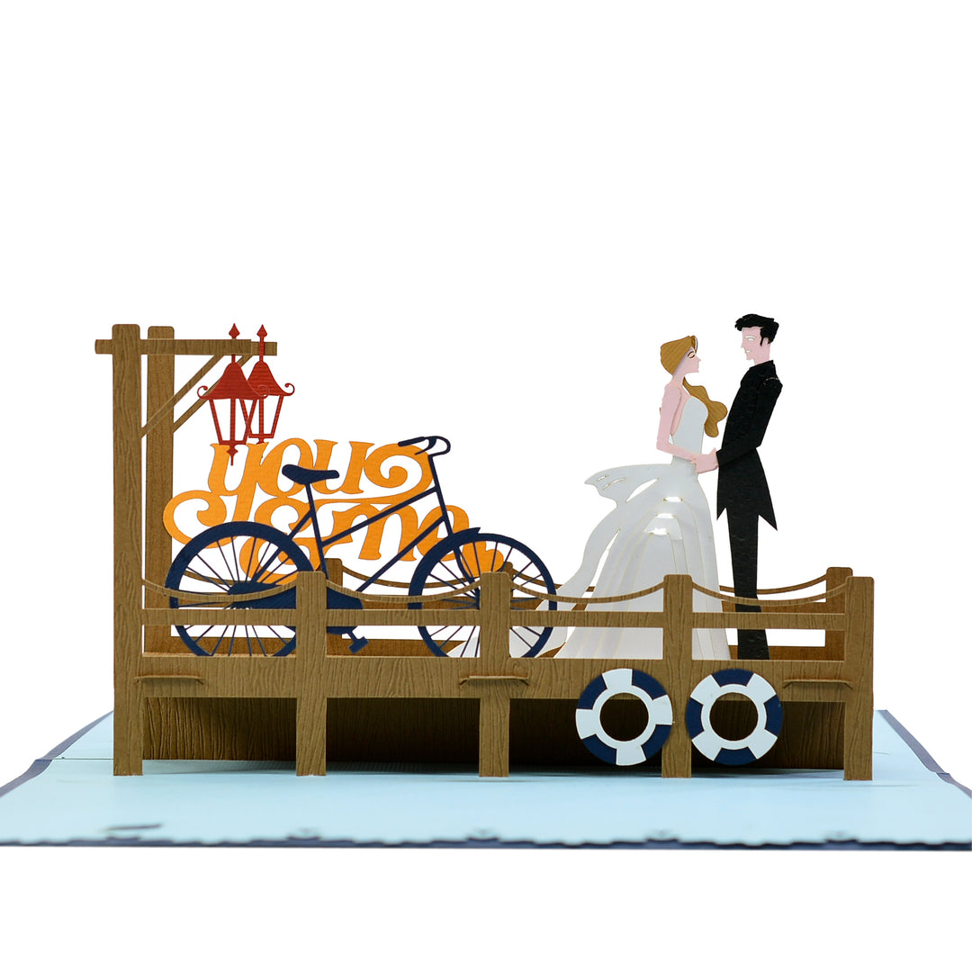Romantic Bride & Groom on the Quay Pop Up Card